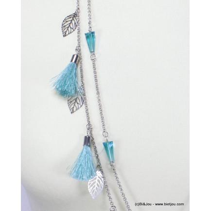 sautoir feuille pompon 0115093 bleu turquoise