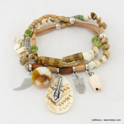 collier-bracelet 2en1 pompon chouette-hibou élastique 0117024 beige