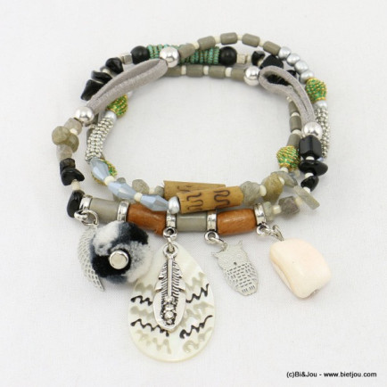 collier-bracelet 2en1 pompon chouette-hibou élastique 0117024 gris