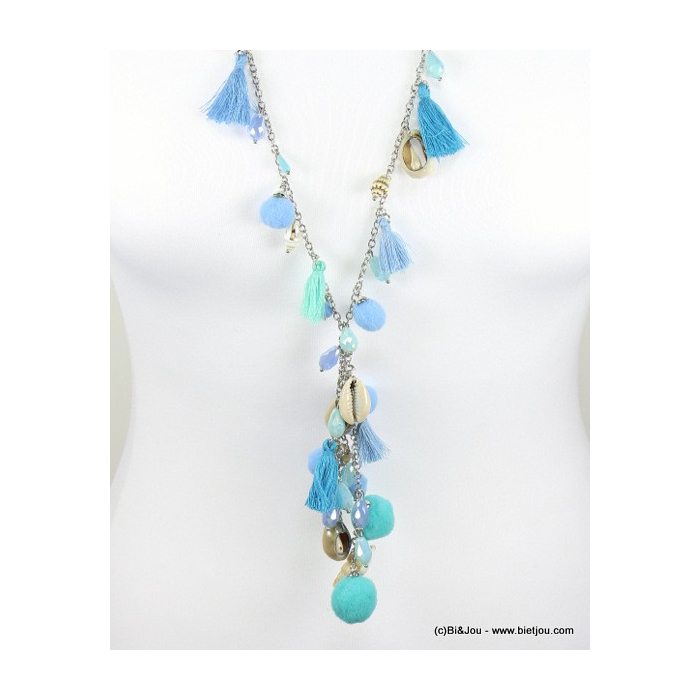 sautoir pompon rond tassel coquillage 0117094 bleu sautoir pompon rond tassel coquillage 0117094 bleu