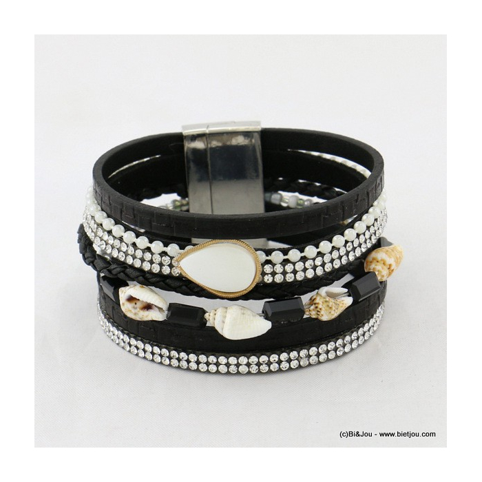 bracelet manchette simili-cuir aimanté coquillage feuille nacrée 0217027 noir