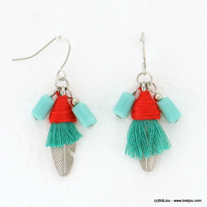 boucles d'oreilles pendante plume métallique pompn tassel tissu fermoir crochet 0317089 bleu turquoise boucles d'oreilles pendante plume métallique pompn tassel tissu fermoir crochet 0317089 bleu turquoise