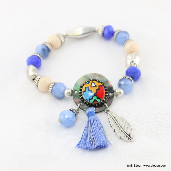 bracelet élastique plume métallique pompon tassel tissu 0217162 bleu bracelet élastique plume métallique pompon tassel tissu 0217162 bleu
