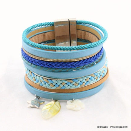 bracelet manchette CUIR véritable fleur feuille nacre fermoir aimanté 0217200 bleu