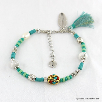 Bracelet de pieds en perles avec pendentif en plume métallique et pompon tassel en tissu vert