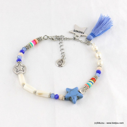 Bracelet de pieds en perles avec pompon tassel en tissu et pendentif étoile "Friends Forever" bleu