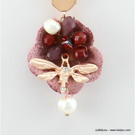 collier libellule métallique fleur tissu 0117600 rose