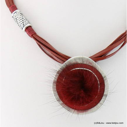 collier pendentif pièce métal boule de poil cordons multi-brins simili-cuir 0117655 rouge