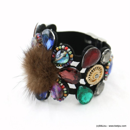 bracelet manchette aimanté fleur strass coloré boule de poil 0217929 multi