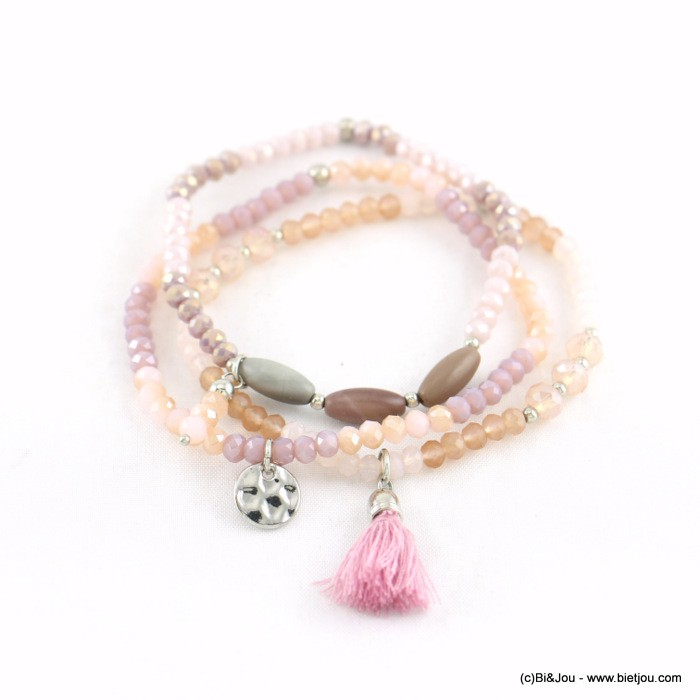 lot de 3 bracelets élastiques cristal pompon tassel tissu 0218034 rose nude lot de 3 bracelets élastiques cristal pompon tassel tissu 0218034 rose nude