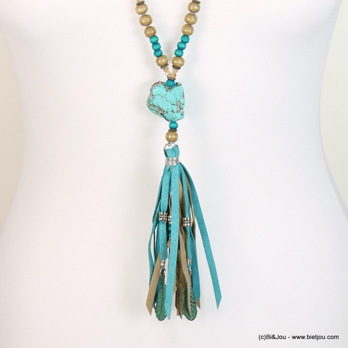 sautoir billes en bois pendentif pompon tassel façon daim 0118147 bleu turquoise sautoir billes en bois pendentif pompon tassel façon daim 0118147 bleu turquoise