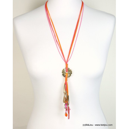 sautoir multi-brins cordons satinés fleur métallique 0118151