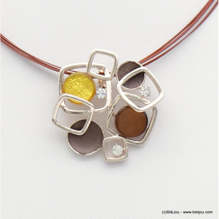 collier géométrique pièces résine colorée câble multi-brins 0118532 marron