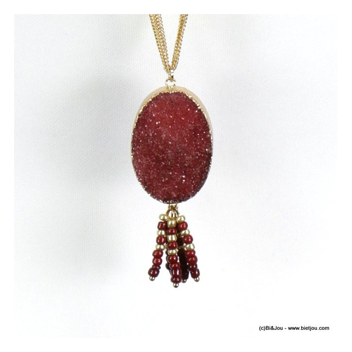 sautoir pendentif pierre naturelle perles rocaille cristal 0118579 rouge