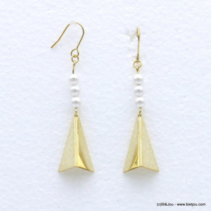 boucles d'oreilles femme triangle plié métal bille imitation perle 0318639