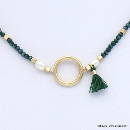 collier cristal court élastique femme pompon tassel tissu perle eau douce 0118633 vert kaki
