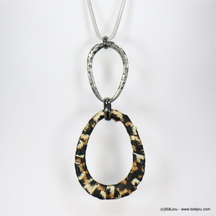 sautoir vintage tissu léopard anneaux métal martelé chaîne maille serpent 0118639 marron