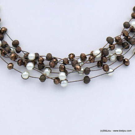 collier multi-brins cristal brillant mat imitation perle femme 0118656 marron
