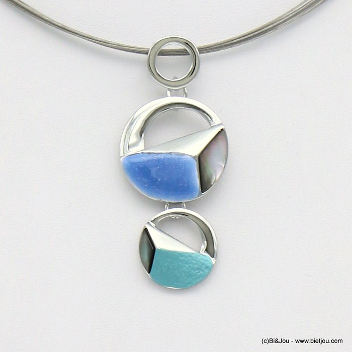 collier pendentif géométrique émail nacre métal câbles multi-brins femme 0119041 bleu turquoise