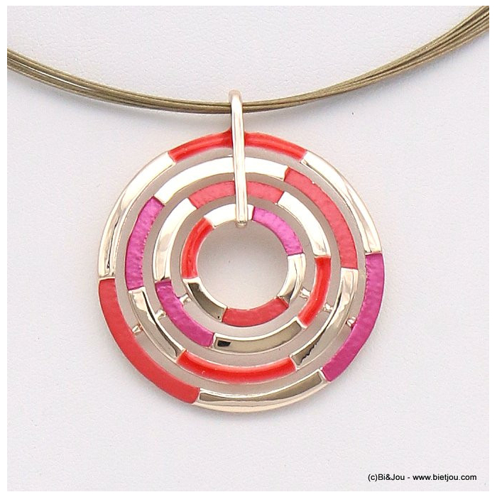 collier pendentif labyrinthe géométrique métal coloré câble multi-brins femme 0119043 rouge corail