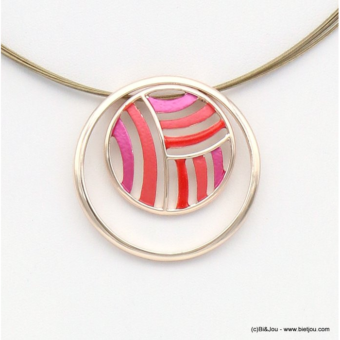 collier pendentif géométrique abstrait métal coloré câble multi-brins femme 0119046 rouge corail