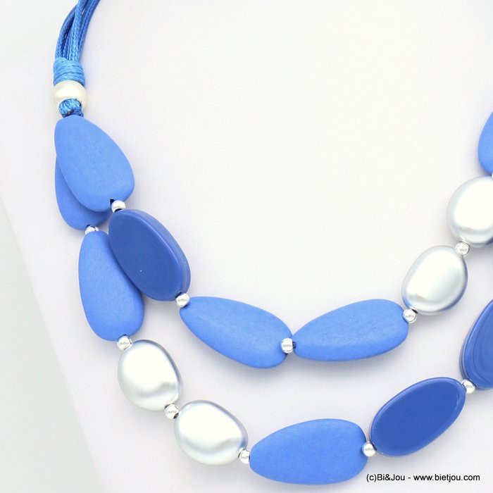 collier double-rangs perles amande bois ovale résine coloré ccb 0119019 bleu foncé