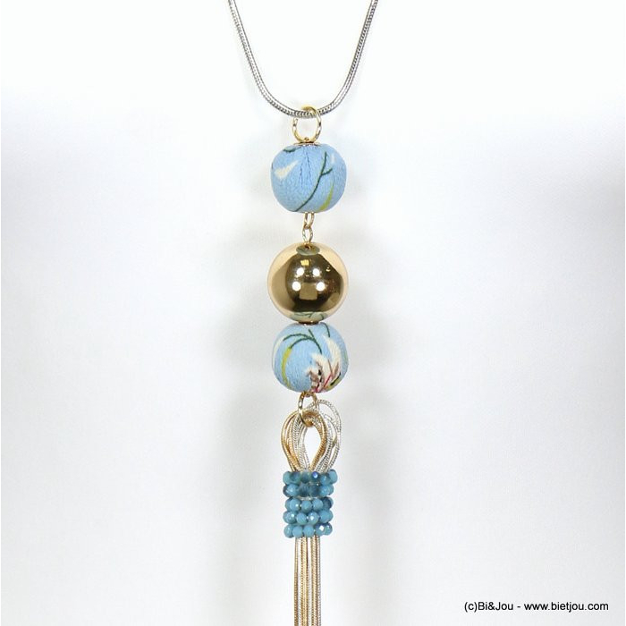 sautoir boules fleur tissu résine métallisée pendentif chaîne serpent femme 0119013 bleu sautoir boules fleur tissu résine métallisée pendentif chaîne serpent femme 0119013 bleu