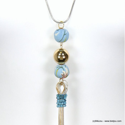 sautoir boules fleur tissu résine métallisée pendentif chaîne serpent femme 0119013 bleu