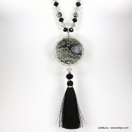 sautoir pendentif rond simili cuir motif serpent pompon fil chaîne maille royale femme 0119055 gris clair