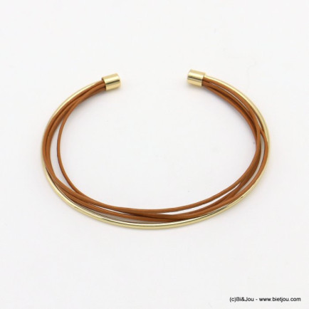 bracelet jonc ouvert métal cordons multi-brins cuir véritable 0219003
