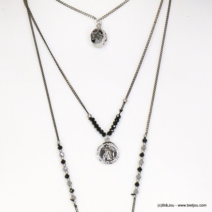 sautoir layering multi-niveaux médaillon étoile pompon perles rocaille femme 0119059 noir