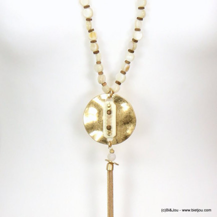 sautoir pendentif métal rond martelé perles de nacre cristal mat pompon chaîne métal 0119085 naturel/beige