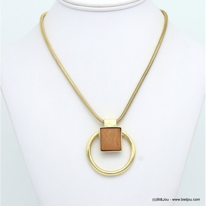 collier court géométrique anneau métal carré bois femme 0119078