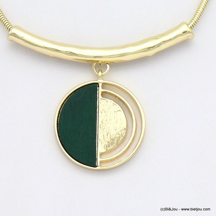 collier pendentif rond bois métal 0119079 vert