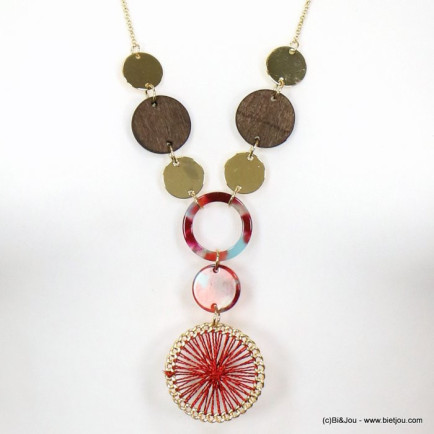 sautoir pendentif crochet anneaux résine façon écaille de tortue pièces bois métal 0119153 rouge