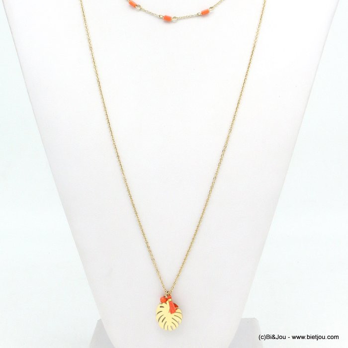 collier layering double-rangs acier inoxydable pendentif feuille Monstera pompon fil 0119249 rouge corail