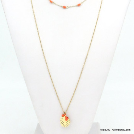 collier layering double-rangs acier inoxydable pendentif feuille Monstera pompon fil 0119249 rouge corail