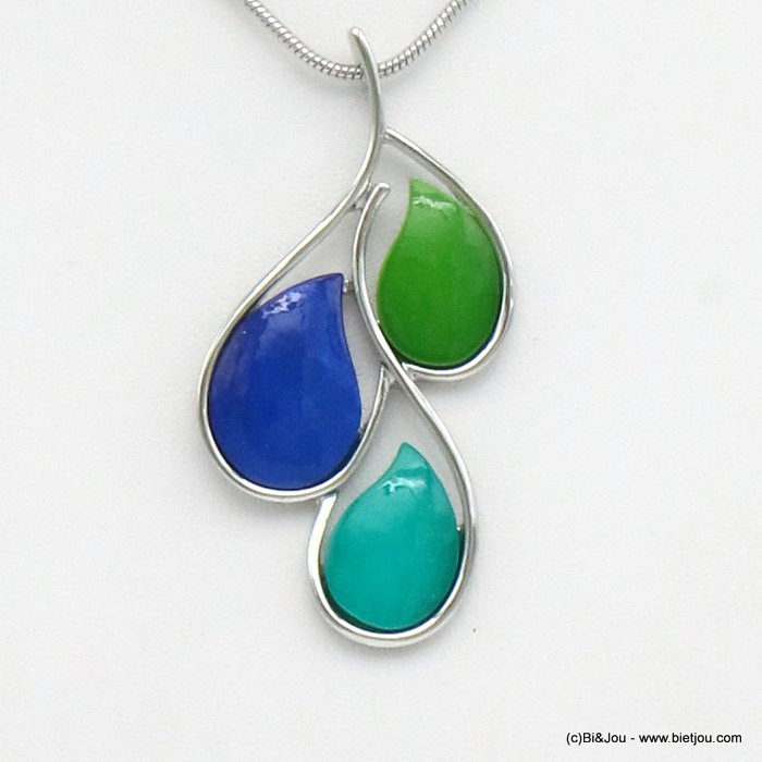 collier perles forme goutte résine colorée et anneaux métal 0119515 vert