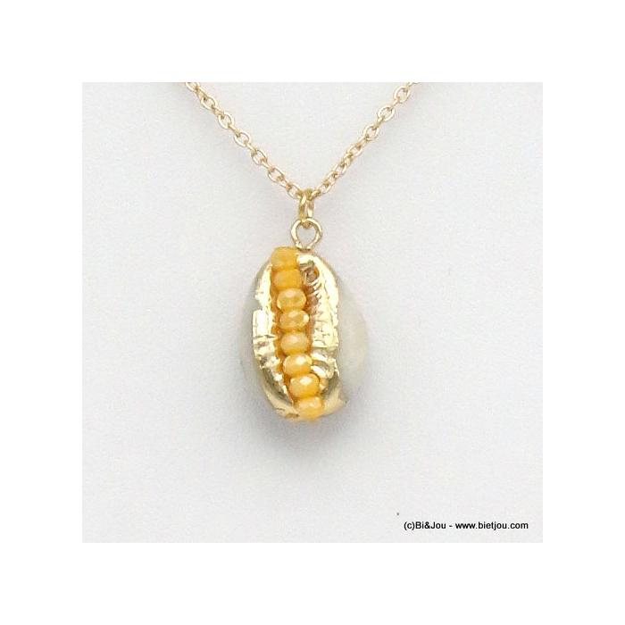collier bijoux de plage coquillage cauri naturel perles cristal facettées 0119291 jaune
