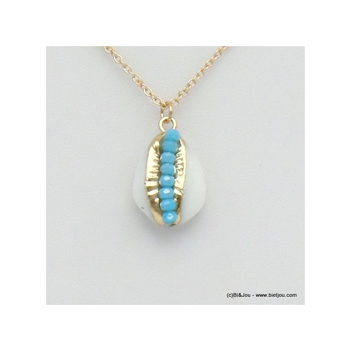 collier bijoux de plage coquillage cauri naturel perles cristal facettées 0119291 bleu turquoise