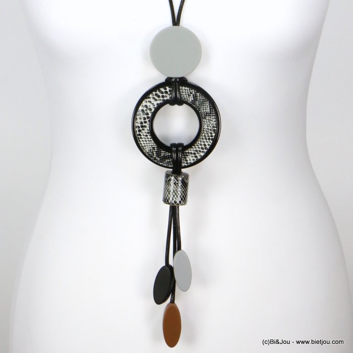 sautoir pendentif anneau résine simili cuir façon serpent pièces ronde ovale 0119529 noir/blanc