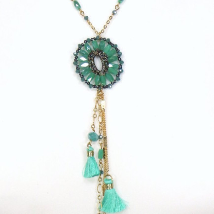 collier pendentif anneau cristal pompons fils chaînette feuille métal 0119507 bleu foncé