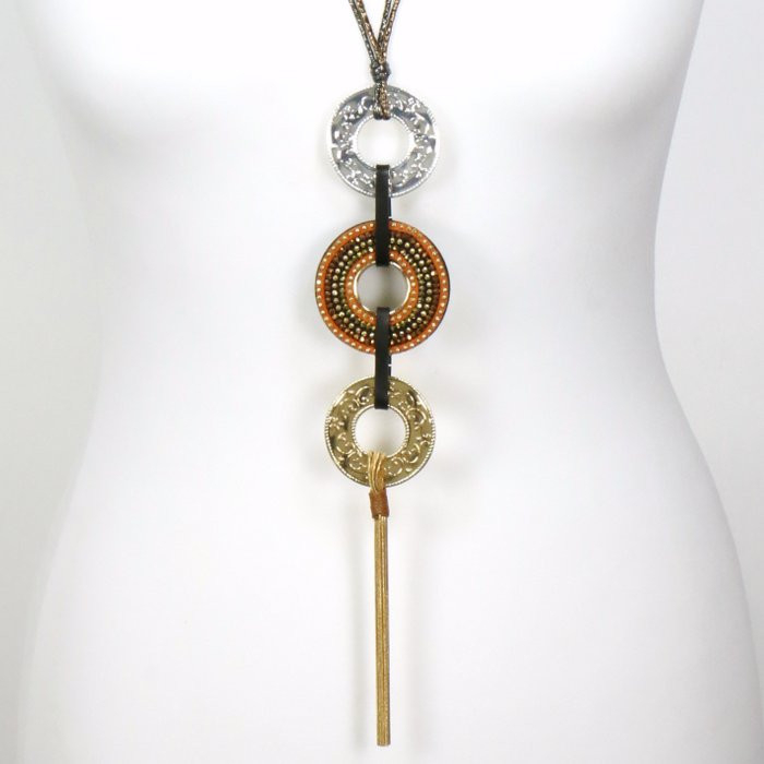 sautoir anneaux métal martelé simili-cuir cristal tassel chaîne maille serpent 0119524 doré