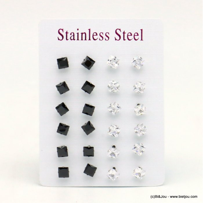 12 paires de puce d'oreilles carré zirconium noir & transparent acier inoxydable 5mm 0319538