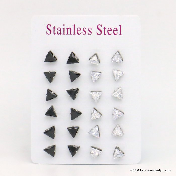 12 paires de puce d'oreilles triangle zirconium noir & transparent acier inoxydable 6mm 0319536