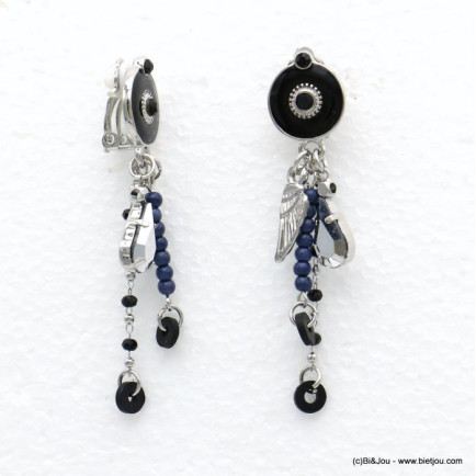 boucles d'oreilles clip gypsy aile métal émail cristal bille acrylique 0319516