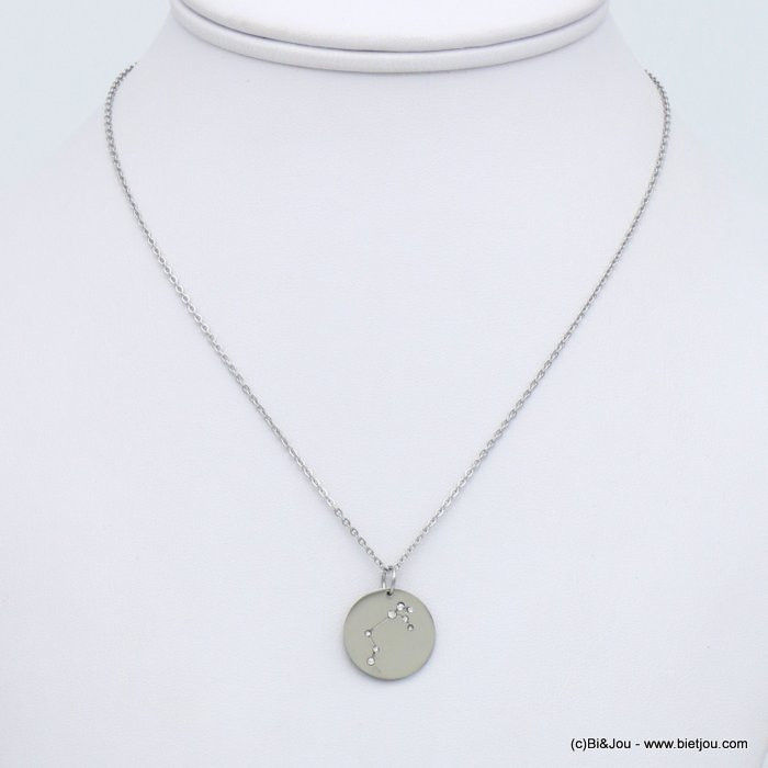 Collier chaîne en acier inoxydable, médaille gravée constellation zodiaque et strass signe BELIER 0119248 argenté Collier chaîne en acier inoxydable, médaille gravée constellation zodiaque et strass signe BELIER 0119248 argenté