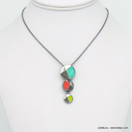 collier pendentif géométrique dégradé disque métal strass coloré 0120037