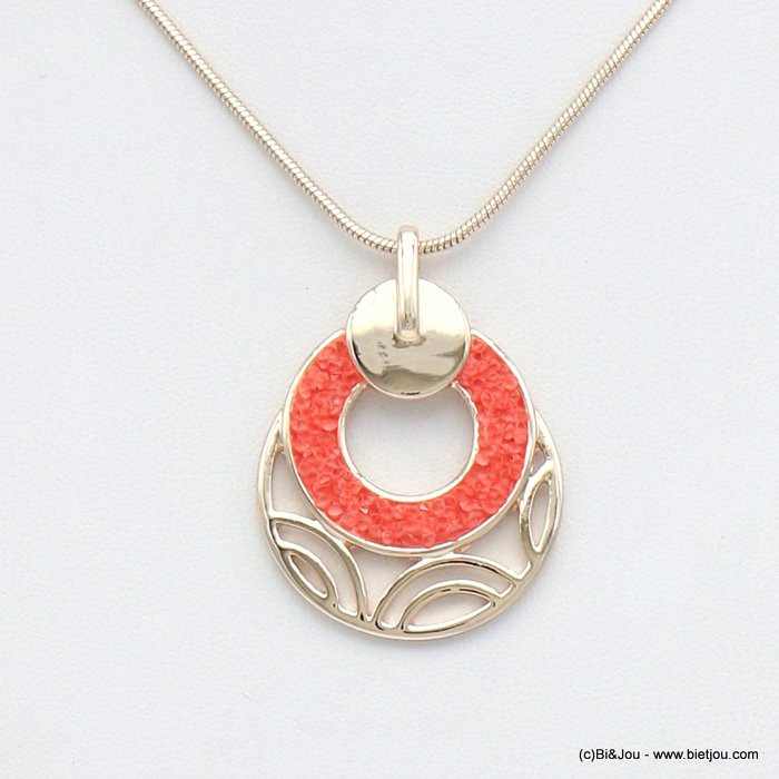 collier pendentif géométrique rond métal strass coloré 0120044 rouge corail