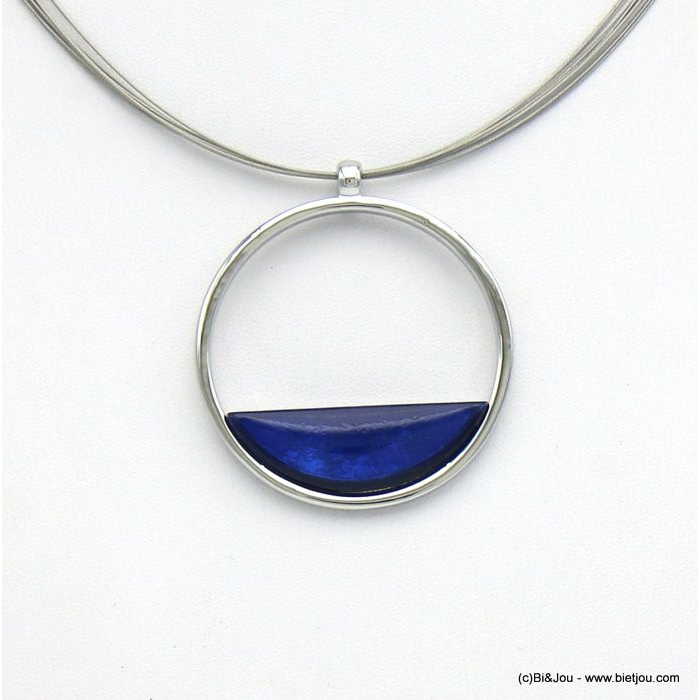 collier pendentif rond résine coloré métal 0120031 bleu foncé